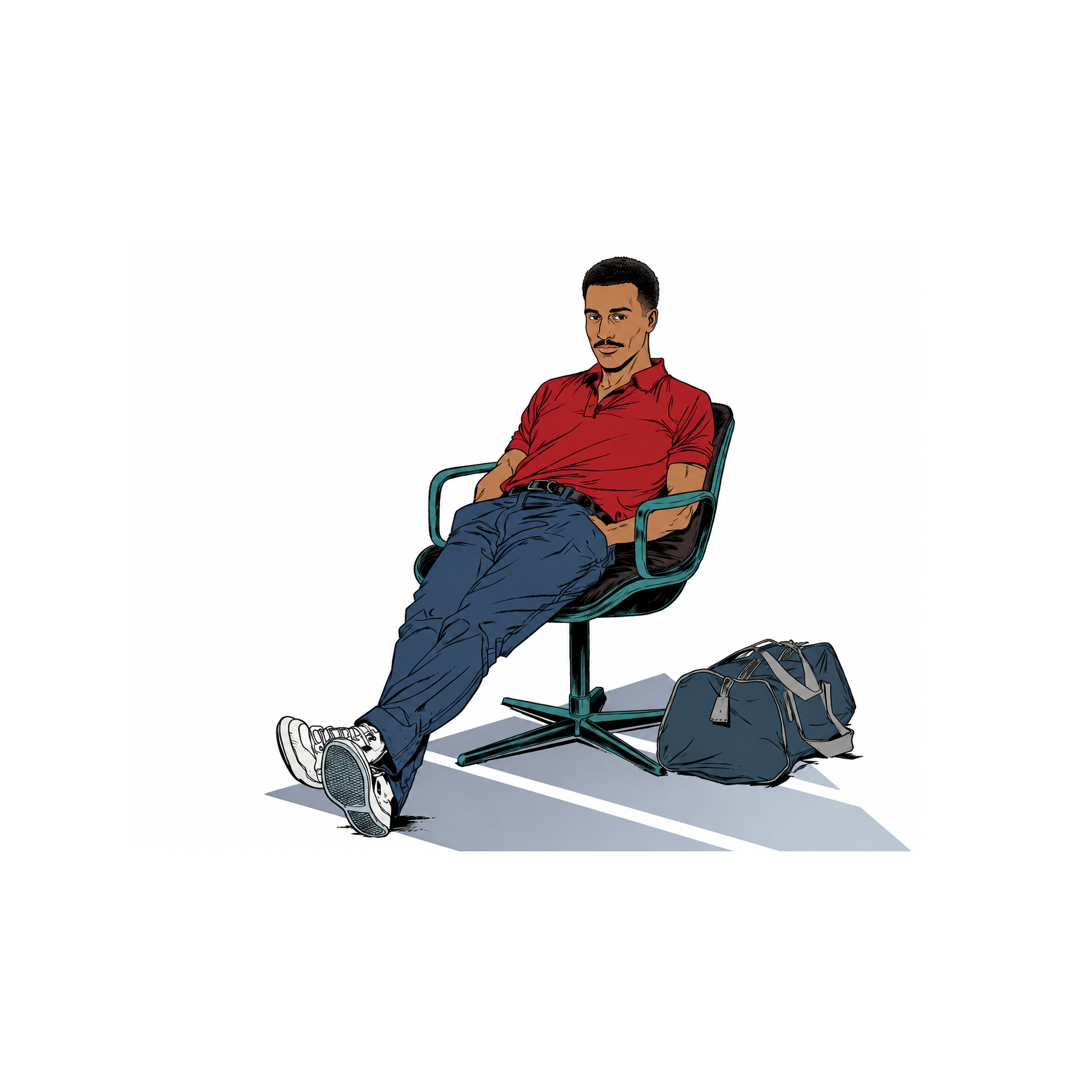 Portrait illustré d'Eloi, assis dans un fauteuil, sac posé à côté.